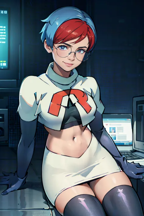 Penny, glasses, team rocket, team rocket uniform, red letter R, white skirt, white crop top, black thigh-high boots, black elbow gloves, evil smile, sitting in front of a computer, hacking
(most important,medium), Penny(hacker:1.1), wearing glasses, is sit...