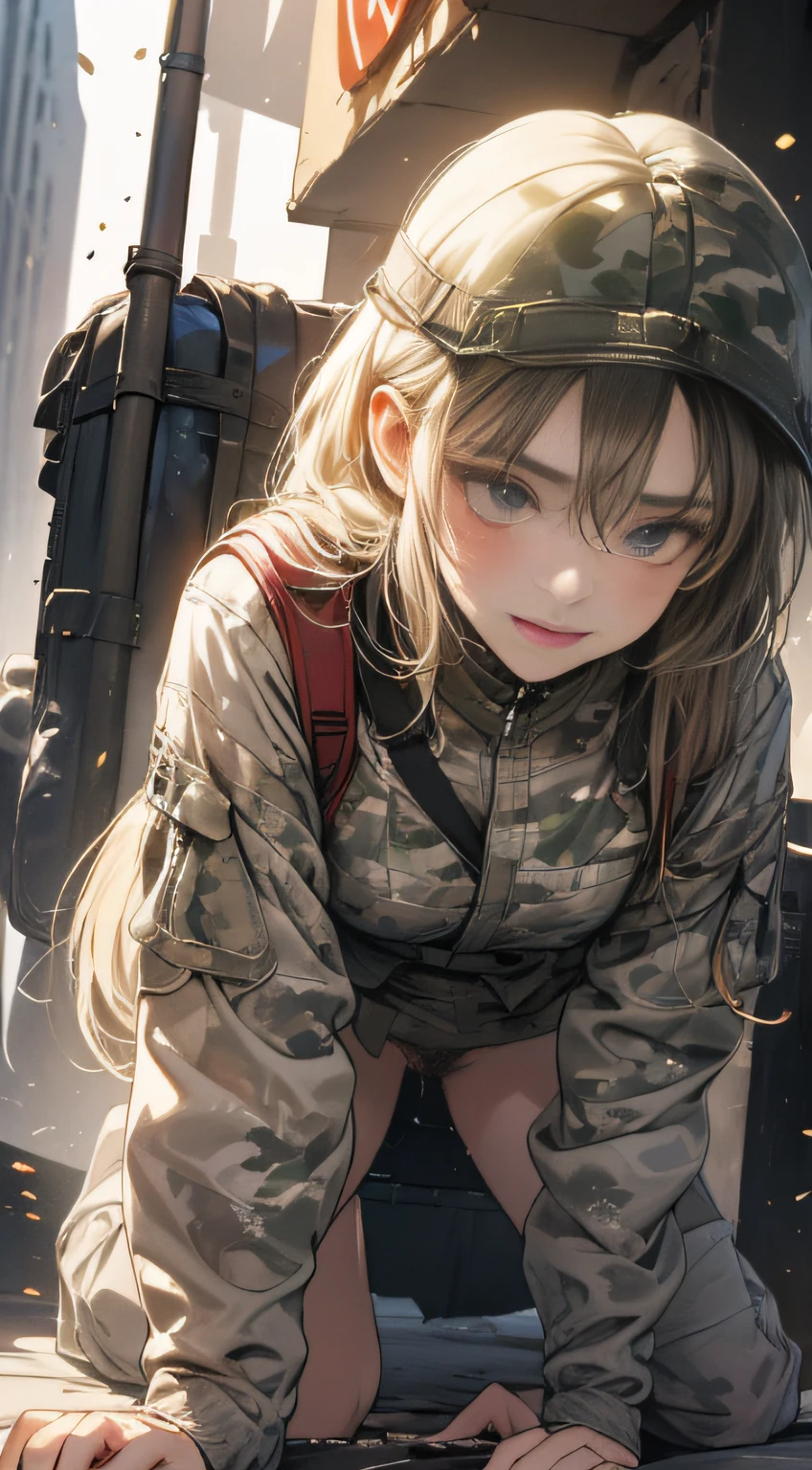 (long shot, looking away, shift character off center, draw the face precisely, cinematic perspective), (((Z stands for edge of collapsed wall in this prompt))), (((X stands for the her crotch area in this prompt))), (A female army infantry), (((wearing camouflage combat army uniform))), ((carrying a camouflage backpack)), (((for masturbation))), (((excitement))), ((( face))), hiding a trench, (bullets fly), her pants are lowered to reveal a little panties, she thrusts her X forward, Z must be touching X, she uses Z to push X, open her legs, straddling on the Z, Z to X, The presence of pubic hair in the crotch, Extensive pubic hair, Pubic hair sticks out of panties, All connected pubic hair, (panties cover genitals, dripping love juice), (in combat), (battlefield), army helmet,