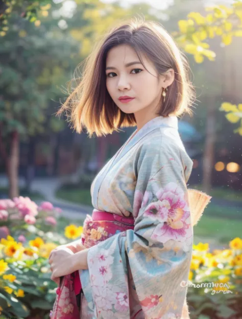 asian woman in a kimono standing in the garden, wearing a kimono, in kimono, kimono, japanese kimono, japanese woman, wearing a ...