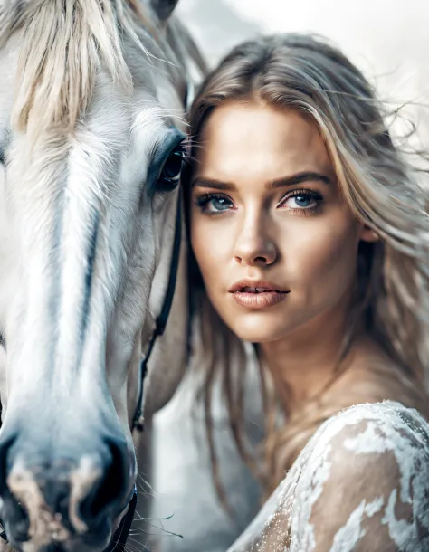 Beautiful girl and white horse,  Merged Portraits， double exposure