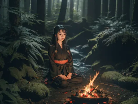 A young girl warrior in the forest, sitting beside camp fire, ((slained monster behind girl)), meat cooking in fire, (very far v...