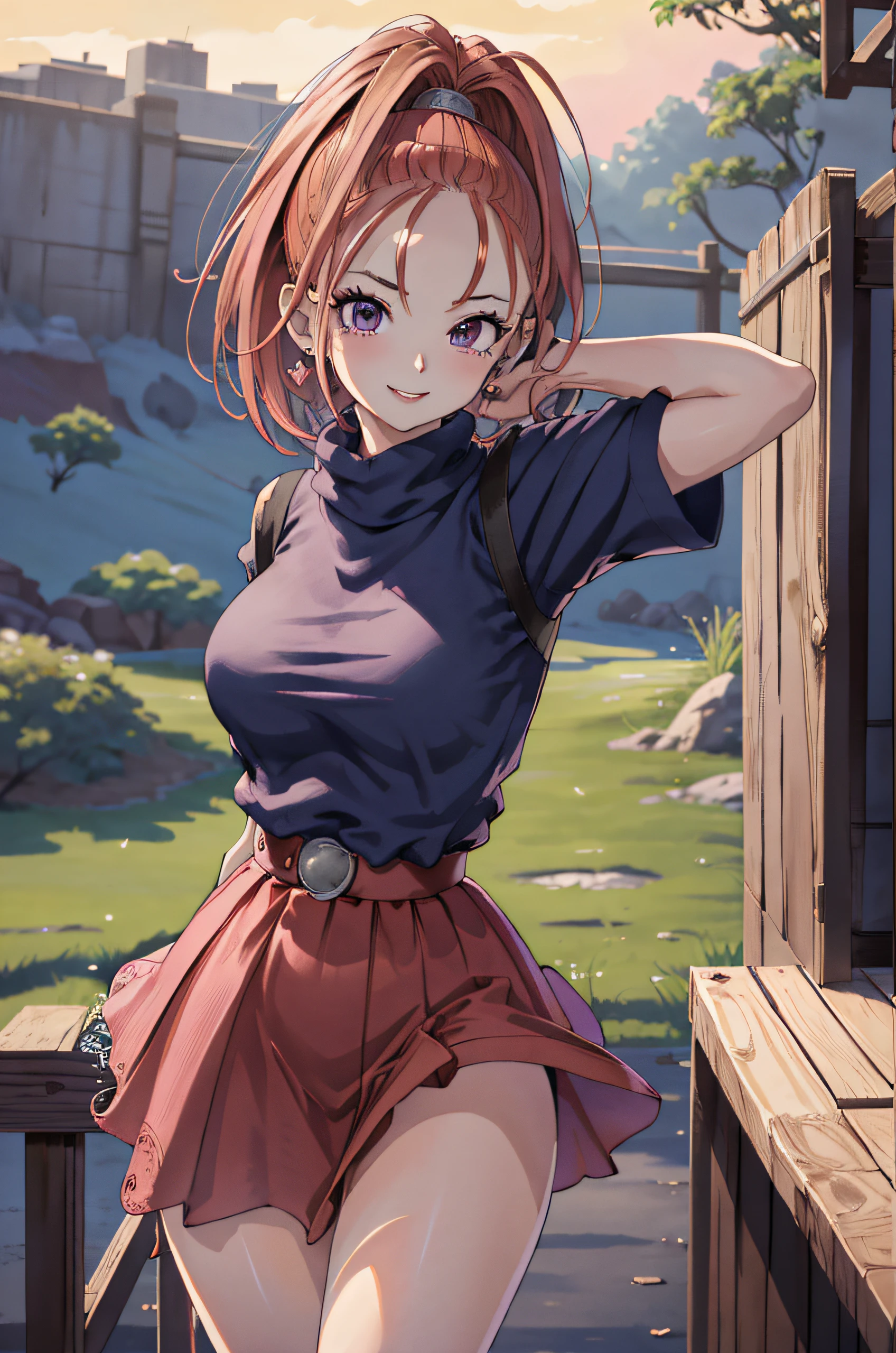 DQ6 Barbara,High Ponytail,Dress,Large breasts,
(Best Quality, masutepiece, Raw photo,Ultra-detailed:1.2), 1girl in,Solo,Looking at Viewer,Smile、flered skirt、Sexy pink panties、Skirt flips in the wind、Pose emphasizing buttocks