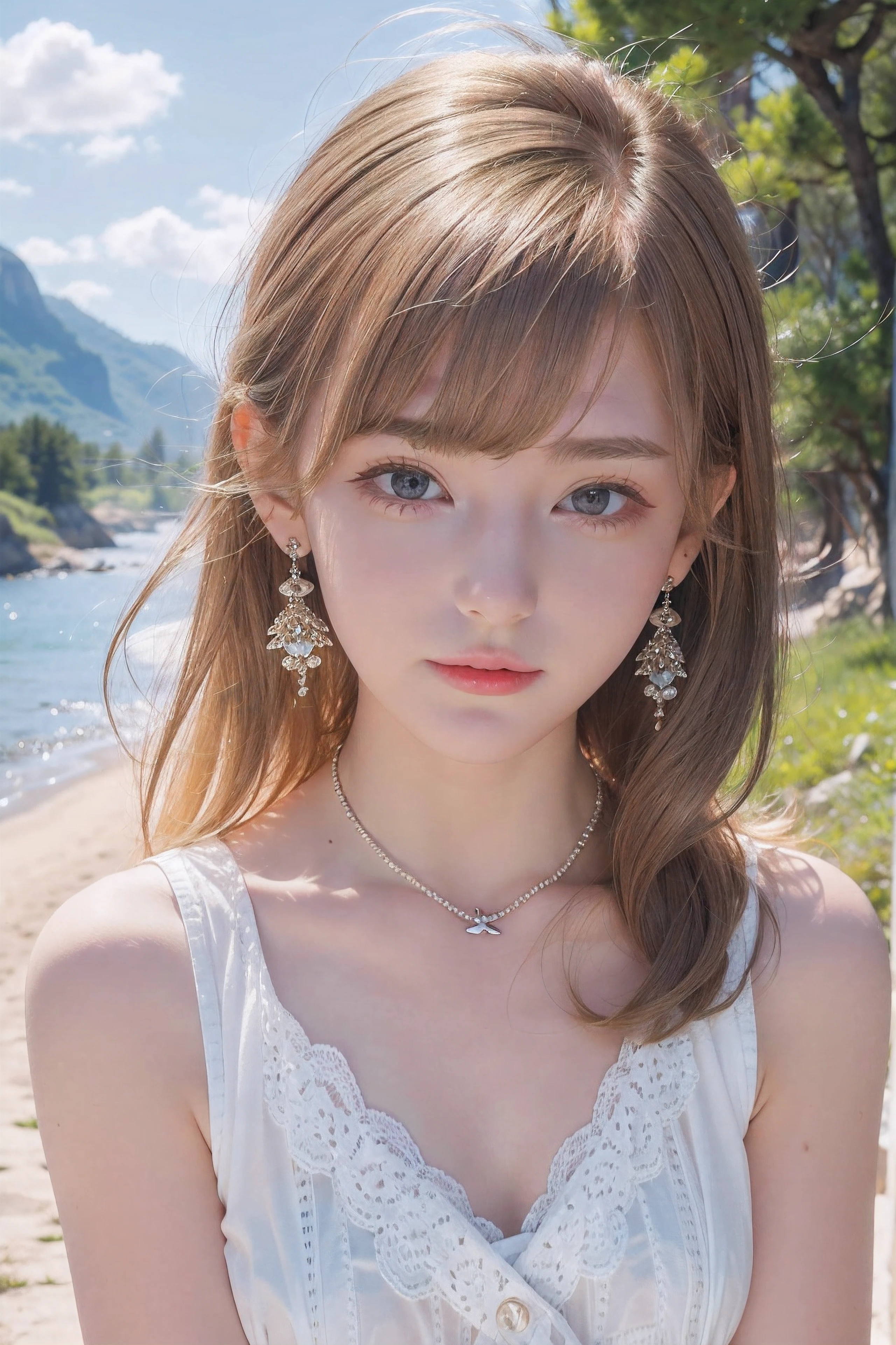 A woman with long hair and earrings standing on a beach - SeaArt AI