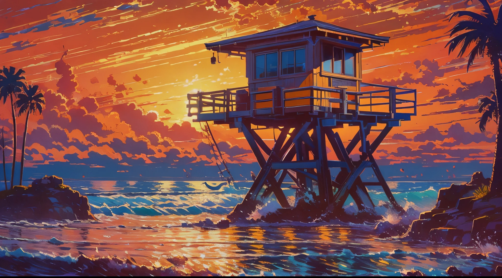 masterpiece, concept art, wide shot, a painting of a lifeguard tower on a beach, by Alena Aenami, cgsociety, american scene painting, cinemascope panorama, coloured woodcut, southern california, vice city, la, anime keyframe, art print, view(full body + zoomed out), symmetrical framing, volumetric lighting, vibrant color, (epic composition, epic proportion), HD