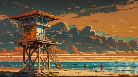 masterpiece, concept art, wide shot, a painting of a lifeguard tower on a (beach:1.2), by Alena Aenami, cgsociety, american scen...
