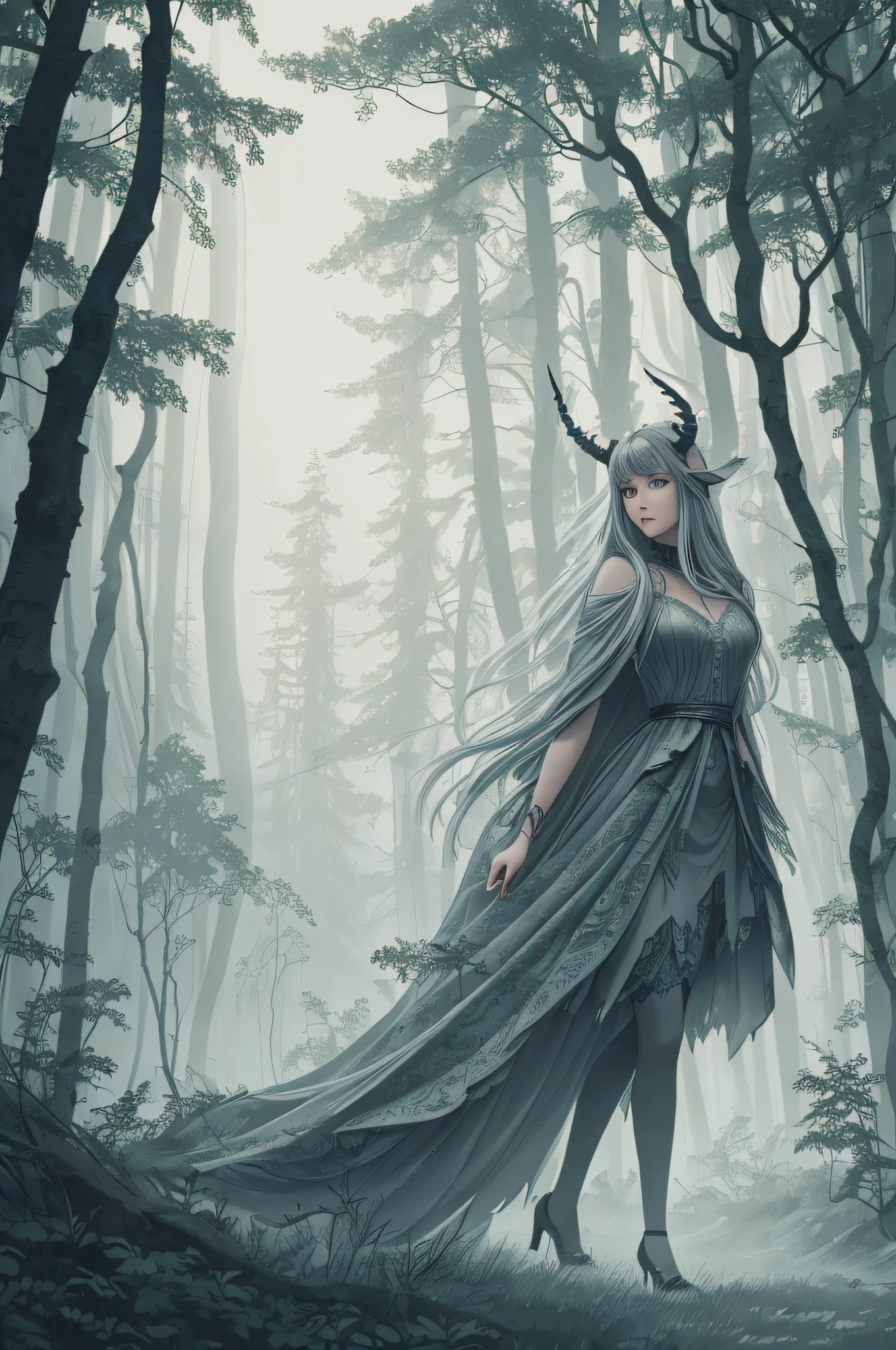 stylized, full body image, tiny princess of the forest with faerie wings and small curved horns sitting in a forest clearing, torn cloak, leaf dress (masterpiece), (best quality), (ultra detailed), (absurdres), (highres), (official art:1.4), (illustration:1.4), (distinct image:1.2),(delicate illustration: 1.2), 8k,(detailed face:1.3), (highlights in eyes:1.3), (detailed hair:1.3), (detailed skin:1.3), dark, mystical scandinavian forest (misty 1.9), looming trees, dark, moody, stylized, white background with one color ink stains, art by Alternity77, drawing stroke made with Rottring 0.5mm pen, perfect drawing lines. 8k Wallpaper, highly detailed, muted colors, subtle colors, myhtic,