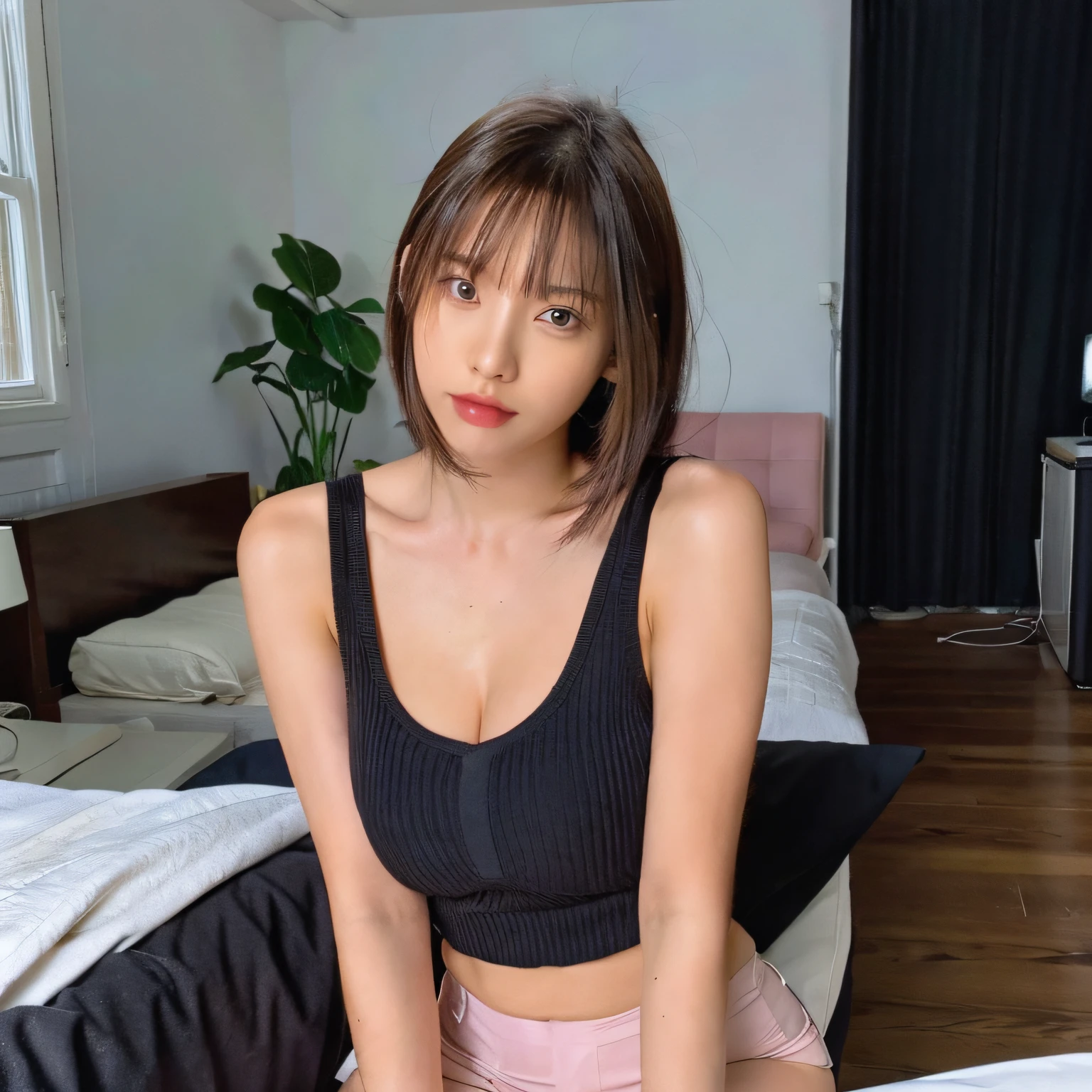 Arafed asian woman in a black top and pink shorts sitting on a bed - SeaArt  AI