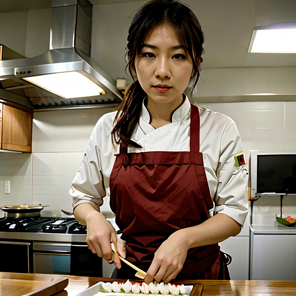 طاهية آسيوية تصنع السوشي في المطبخ