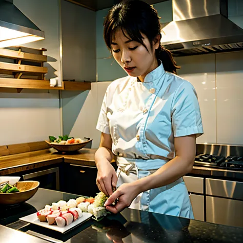 Asian Female Chef making sushi in the kitchen