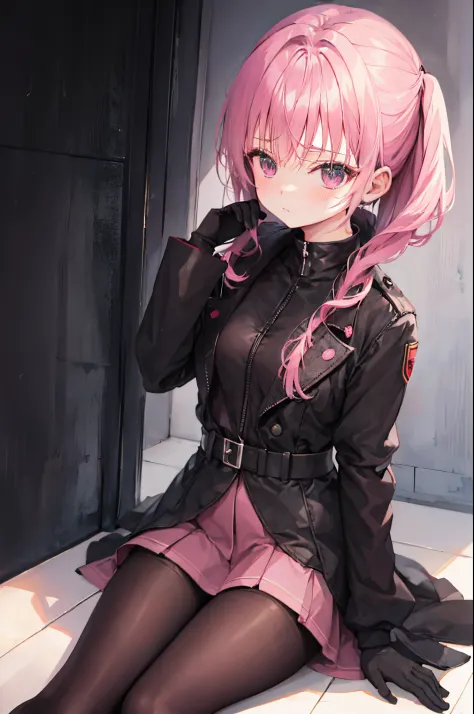 mitsukasa ayas，army suit，Manteau，short  skirt，black pantyhoses，black military boots，mitts，Place your hands behind your back，A sexy pose