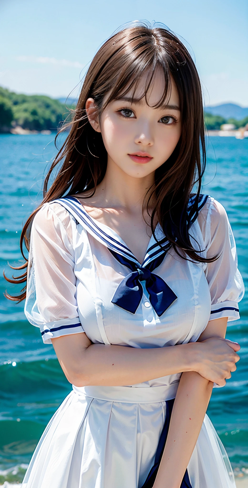 ulzzang -6500-v1.1, (Raw photo:1.2), (Photorealsitic), a beautiful detailed girl, extremely detailed eye and face, beatiful detailed eyes, huge filesize, hight resolution, ighly detailed, top-quality, [​masterpiece:1.6], illustratio, ighly detailed, nffsw, finely detail, top-quality, 8k wallpaper, Cinematographic lighting, (See-through:1.3),white serafuku,sailor dress, White theme,School uniform, Sailor Suit, Looking at Viewer,  Maniacal, messy long hair, Cute drooping eyes、Hair glows,Dramatic Angle,blue sailor collar, perky breast,lightsmile, Ultra-realistic skin texture、shinny skin、Exposed thighs!!! partially underwater shots...