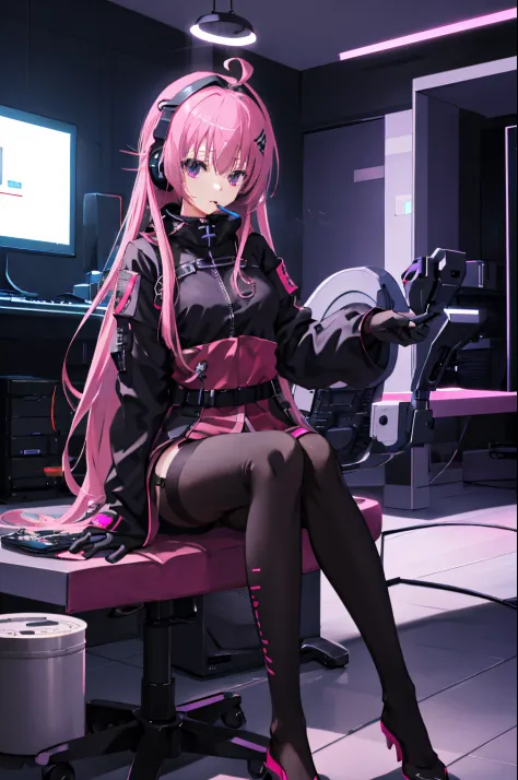 mitsukasa ayas，cyber punk perssonage, , Digital punk, Anime style 4k, Short-sleeved game suit,Pink Long Hair, computer room, Gaming headset overhead，black pantyhoses，black glove