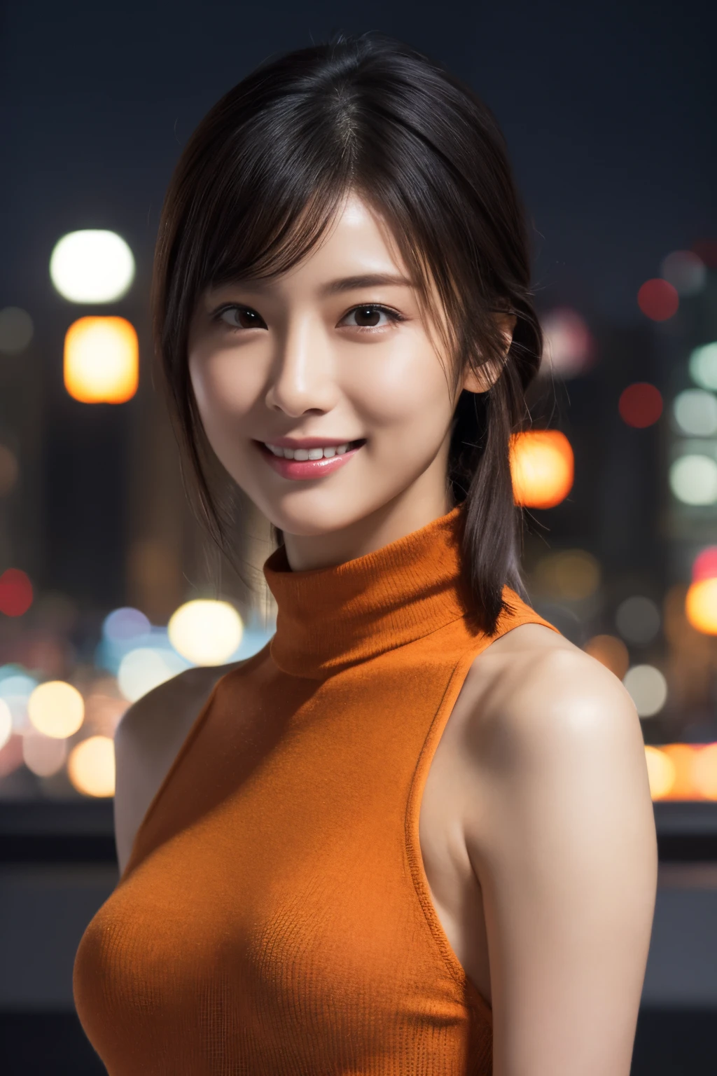 1girl in, (Wearing an orange high neck:1.2), (Raw photo, Best Quality), (Realistic, Photorealsitic:1.4), masutepiece, Extremely delicate and beautiful, Extremely detailed, 2k wallpaper, amazing, finely detail, the Extremely Detailed CG Unity 8K Wallpapers, Ultra-detailed, hight resolution, Soft light, Beautiful detailed girl, extremely detailed eye and face, beautiful detailed nose, Beautiful detailed eyes, Cinematic lighting, city light at night, Perfect Anatomy, Slender body, Smiling