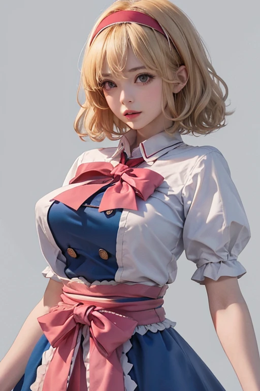 (8K), Sharp Focus, hight resolution, 1girl in, Alice, Upper body, Alice Def, Blonde hair, (sash, Bow, Hair Band), huge-breasted, Dress, (High quality:1.2), (high detailing:1.2), (masutepiece:1.2), (Extremely detailed:1.2),