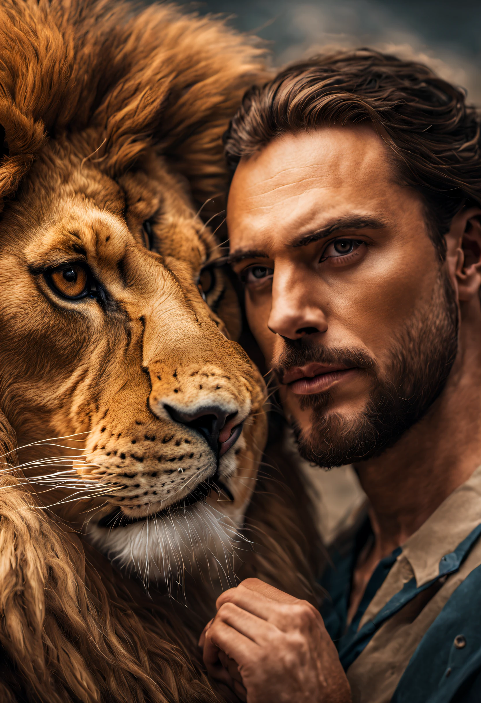 A majestic man and lion, double contact， merge portrait