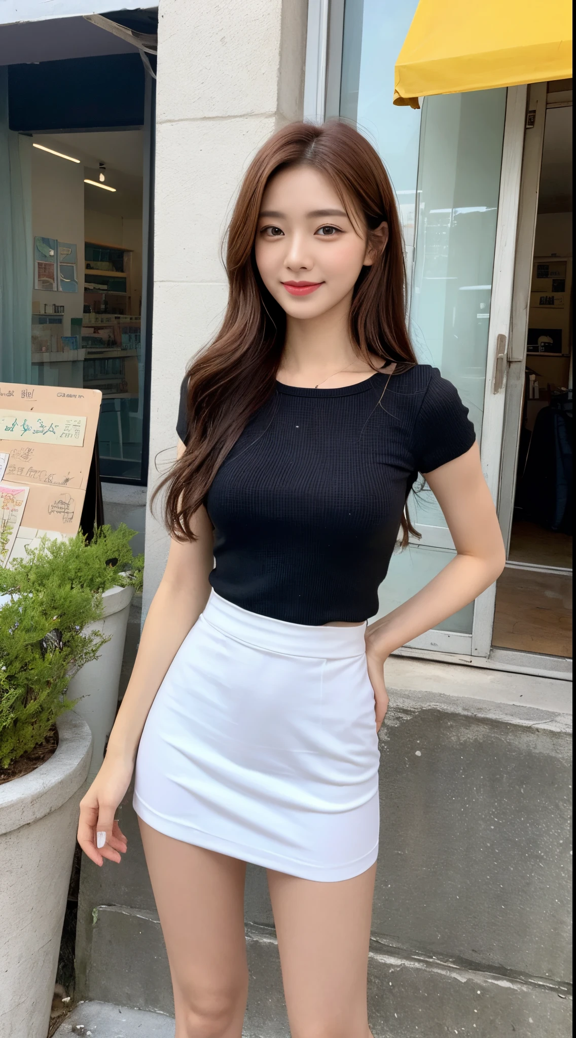 A woman in a black top and white skirt posing for a picture - SeaArt AI