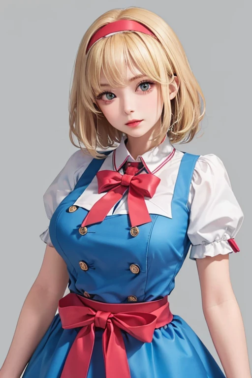 (8K), Sharp Focus, hight resolution, 1girl in, Alice, Upper body, Alice Def, Blonde hair, (sash, Bow, Hair Band), huge-breasted, Dress, (High quality:1.2), (high detailing:1.2), (masutepiece:1.2), (Extremely detailed:1.2),