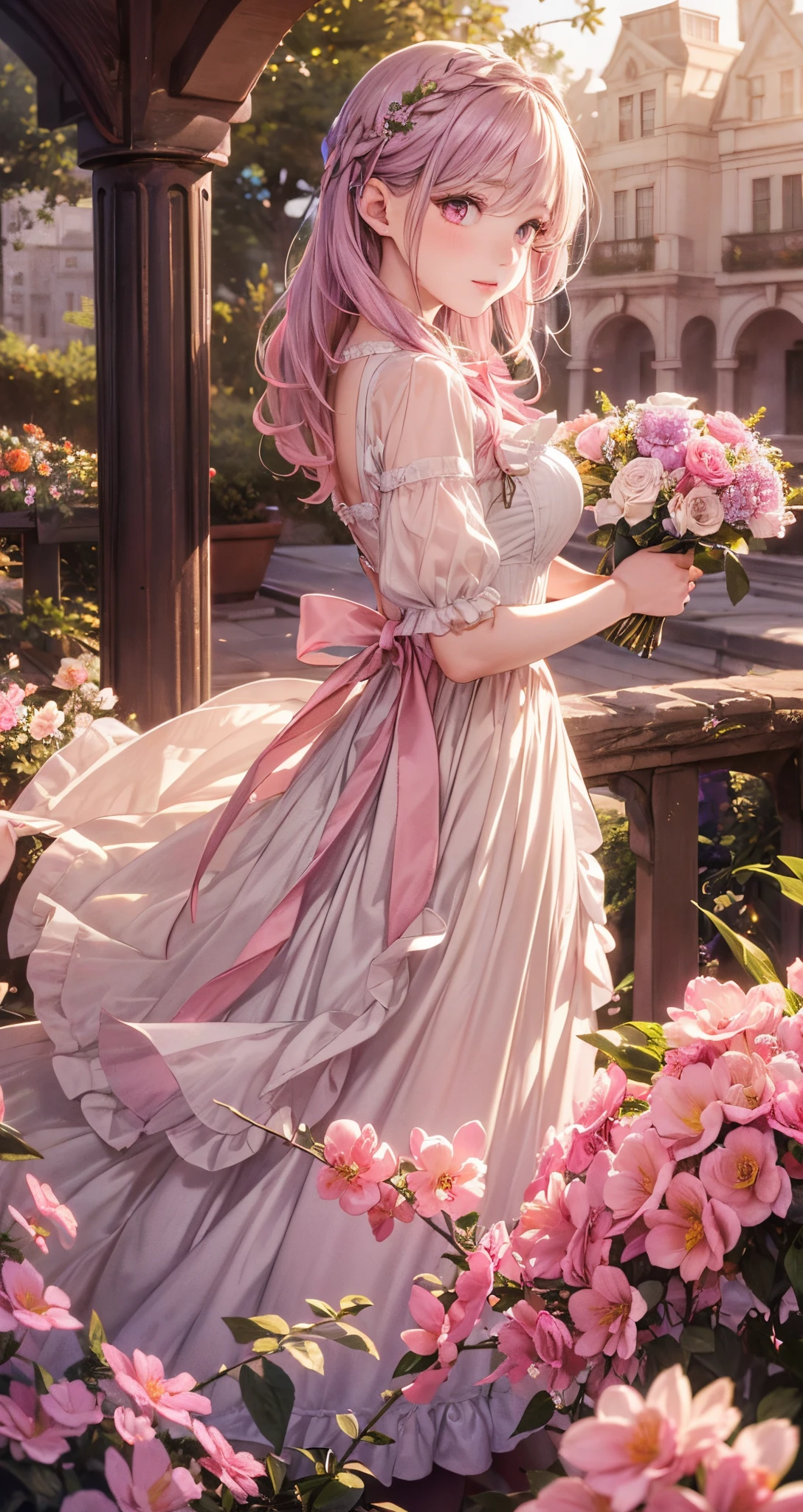 exquisitedetails, Highest quality 8K resolution, Ultra-detailed, Realistic, Vibrant colors, Soft tones, With warm and gentle lighting, (Beautiful Gothic Black Dress, Pretty Pink Ribbon, Beautiful frills:1.2),(Smooth straight pink hair:1.2),(Hair parted in the middle:1.2),(Glowing hair),(Pink eyes:1.3),Garden Girl,With an overflowing soft and gentle feeling,Visible emotions and specific emotions,(The promenade is full of flowers:1.3), Create colorful reflections.The sun's rays illuminate joy and pure love,The atmosphere is full of happiness and laughter,Combination of digital illustration and photography,Ultra-detailed depiction and vivid colors,A style that combines romanticism and realism.The color palette consists of soft pastel tones., Create an ethereal atmosphere like a dream,light is diffused,