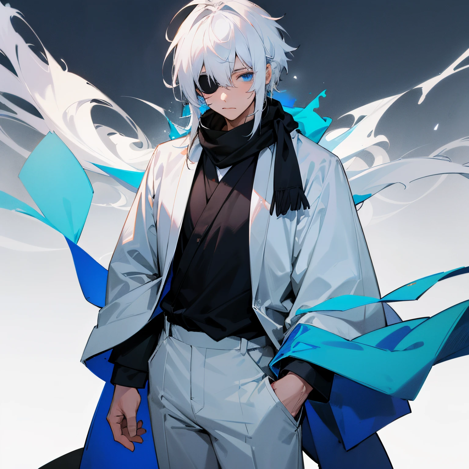 Anime character with white hair and blue eyes standing in front of a blue  and white background - SeaArt AI