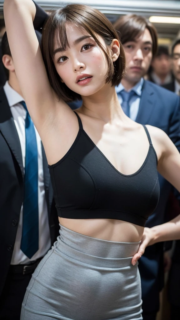 (Best Quality, 8k, 32k, Masterpiece, UHD: 1.2), Depth of Field: 1.2, Black Smoke: 1.1, Cute Japan Woman Pictures, Small Women, 20 Years Old, Beautiful and Perfect Face, Short Hair, Ponytail, Brown Short Hair, Beauty Face, Slender: 1.2, Small Breasts: 1.2, Complex Details, Cinematic Feeling,Shy, Panic face, mouth open and pleasant-looking face, cowboy shot, composition with no face visible except for women, looking at breasts, embarrassed: 1.2, crowded train: 1.37, crowded: 1.37, emphasis on the armpits, long dress, thin fabric, thong, mekosuji, crotch open, pubic hair is very much protruding, clothes with exposed breasts, exposed breasts from the side, exposed armpits, exposed navel, (molested, surrounded by tall men on a crowded train, body in close contact with men, hands put in the lower half of the body by men, undressed by men, covered lift, skirt lift: 1.1), (beautiful nipple slip: 0.9)