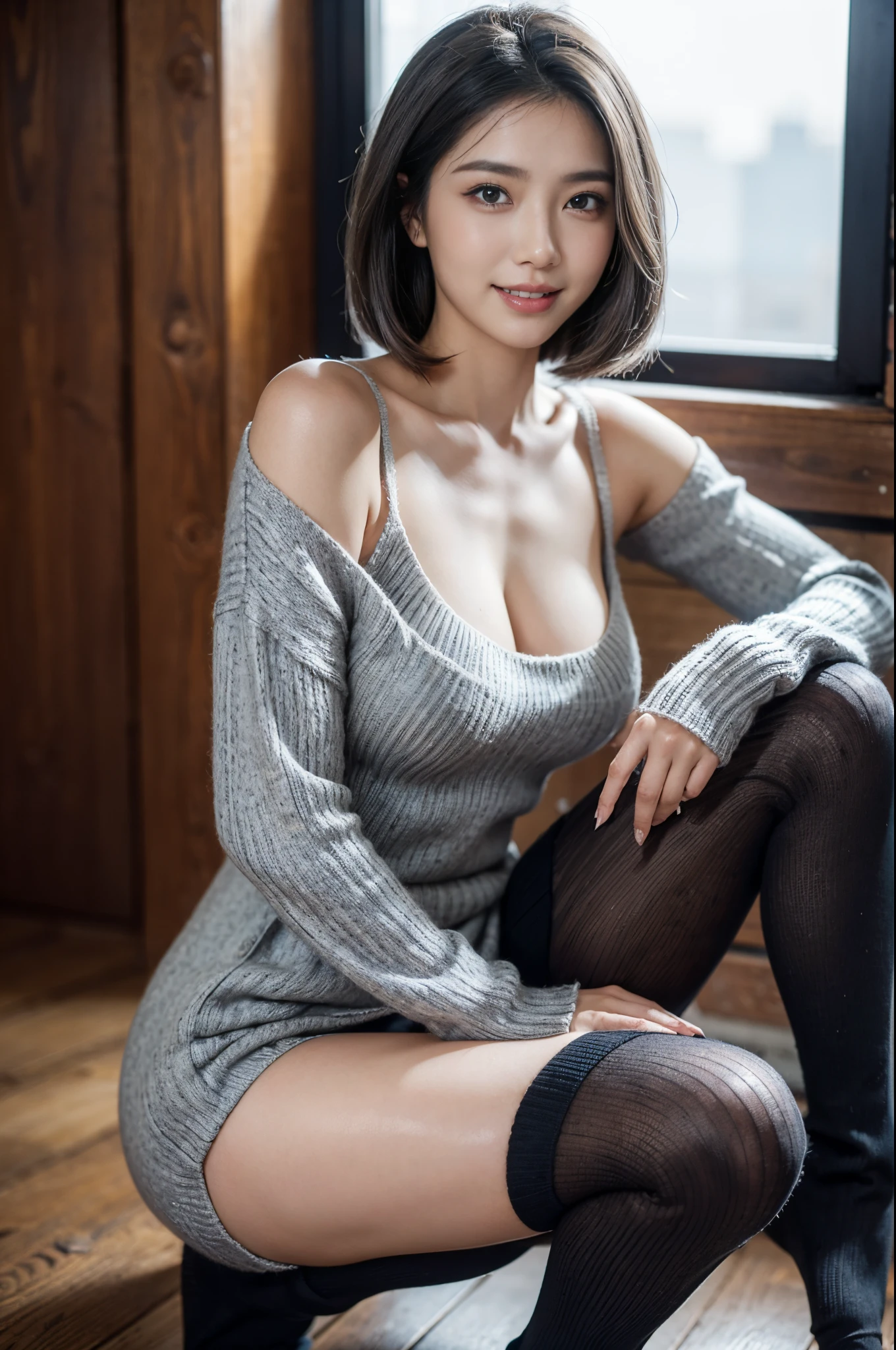 Masterpiece, 8K, award-winning photos, photorealistic, realistic, ultra detailed, ultra high definition, ray tracung, 
__
the most beautiful, 22 years old ,(sexy,Japanese idol, gray hair,shoulder length straight bob hair),shiny skin , detailed skin , detailed face , detailed eyes ,
__
cleavage showing, light color large nipples, 
__
BREAK (droopy eyes, Natural makeup, embarrassed ,smile, glistening teeth1.2),
__
glowing blue eyes, tan skin,
__
BREAK (black Rib Knit Bodycon Sweater:1.2),knee highs fishnet stockings, 
__
inside dilapidated building, highly detailed background, , ultra-realistic textures, dramatic lighting ,raw photo, 1girl,