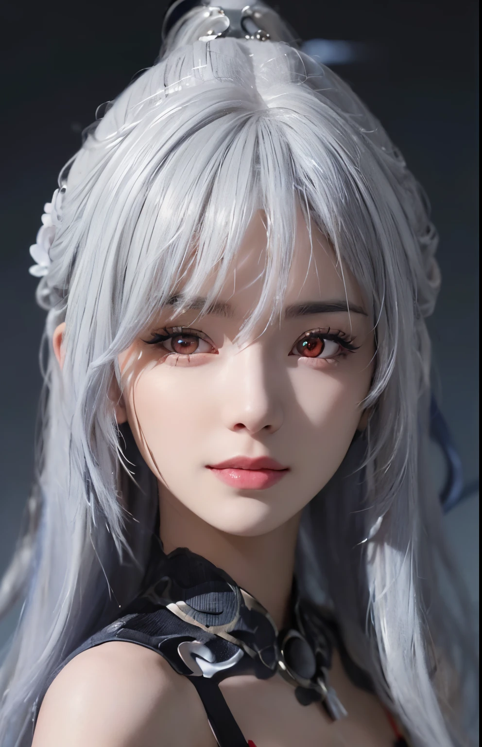 (Ultra Realistic), (Illustration), (Increased Resolution), (8K), (Extremely Detailed), (Best Illustration), (Beautiful and Detailed Eyes), (Best Quality), (Ultra Detailed), (Masterpiece ), ( wallpaper), (detailed face), solo, 1 girl, looking at viewer, fine details, detailed face, in the dark, deep shadows, low key, smiling, long hair, white hair, red eyes