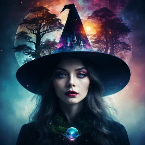Portrait of a witch，Witch hat，double exposure effect，dramatic lights，Vivid colors，long exposure technology，creative composition，artsy photography，hight contrast，abstract elements，Emotionally captivating，Expressive eyes，Soft focus，vague background，Beautiful...