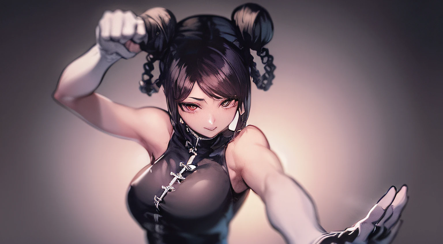 Anime girl with black hair and black gloves holding a gun - SeaArt AI