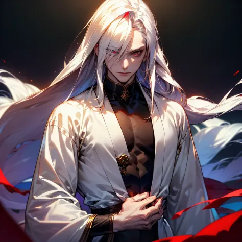 Anime - stylistic image of a man with long white hair and four eyes on his face, A man with white long hair stands half-turned a...