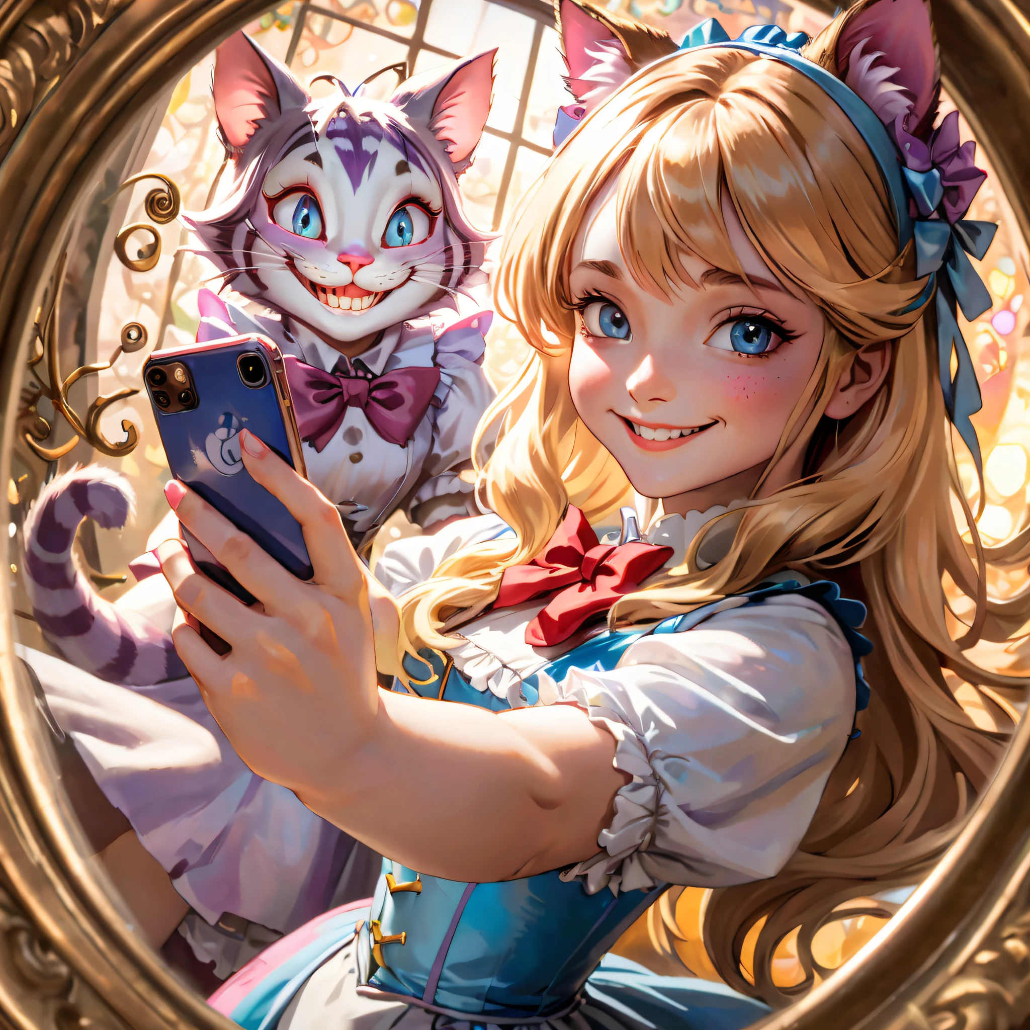 mastepiece, high quality, alphonse mucha style, fine art painting, cinematic lighting, ginza, alice and cheshire cat, from "alice in wonderland" taking a selfie with iphone 15 pro, alice is holding the white rabbit, happy smile, the fill light is reflected light from a reflector, an 85 mm lens, and the background blur.