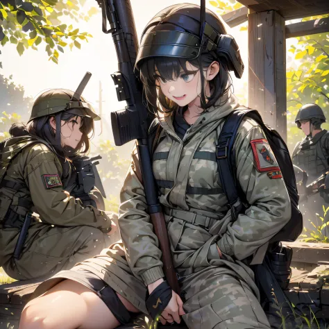 (long shot, looking away, shift character off center, draw the face precisely, cinematic perspective), (a female army infantry),...