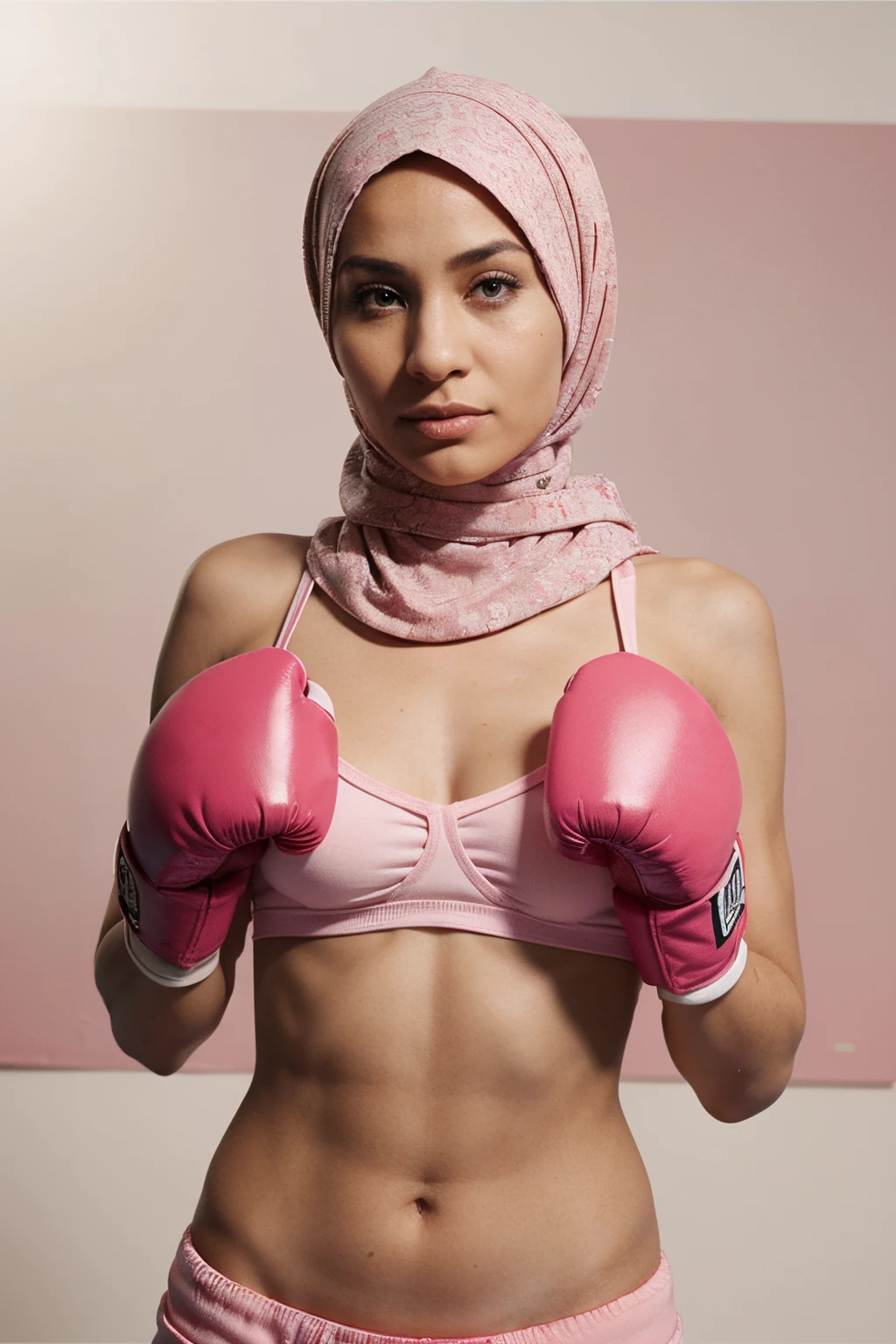 Arafed woman in pink boxing gear posing for a picture - SeaArt AI