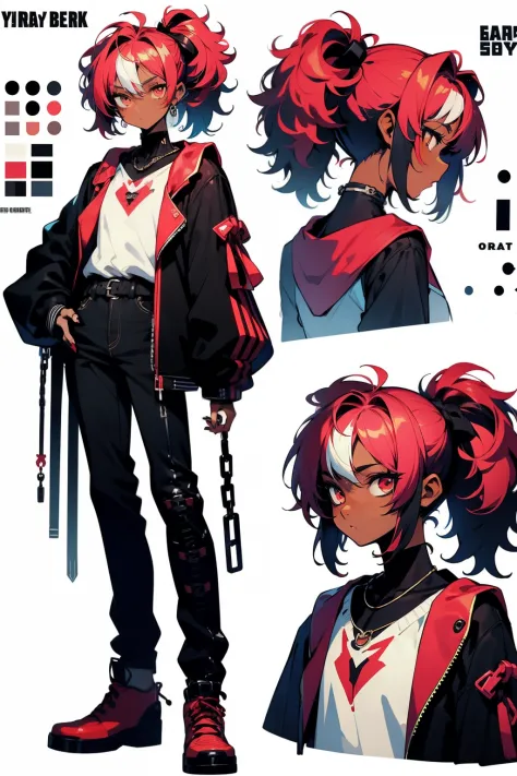 anime, illustrate, boy, anime styled, character design, 2d, y2k, grunge, cyber, red hair, emo, tan, dark skin, emo, chains, black, ponytails, boy, edgy