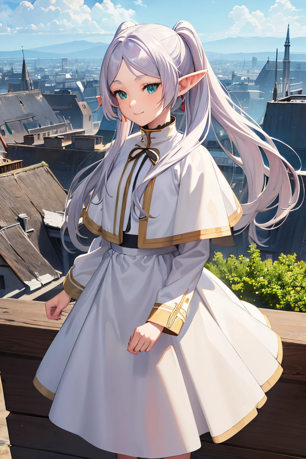 ((Frieren)), ((Masterpiece)), (Anime:1.5), (High Definition), (from front), (Professional Photography:1.2), (cinematic lighting), (child),1girl, solo, (flat body), (smile), standing on the rooftop, beautiful, elf, pointy ears, white hair, (long twintails), green eyes, white dress, (white cape), ((old trunk case on the ground)), magic, (ragged ruins), cityscape, winter sky,