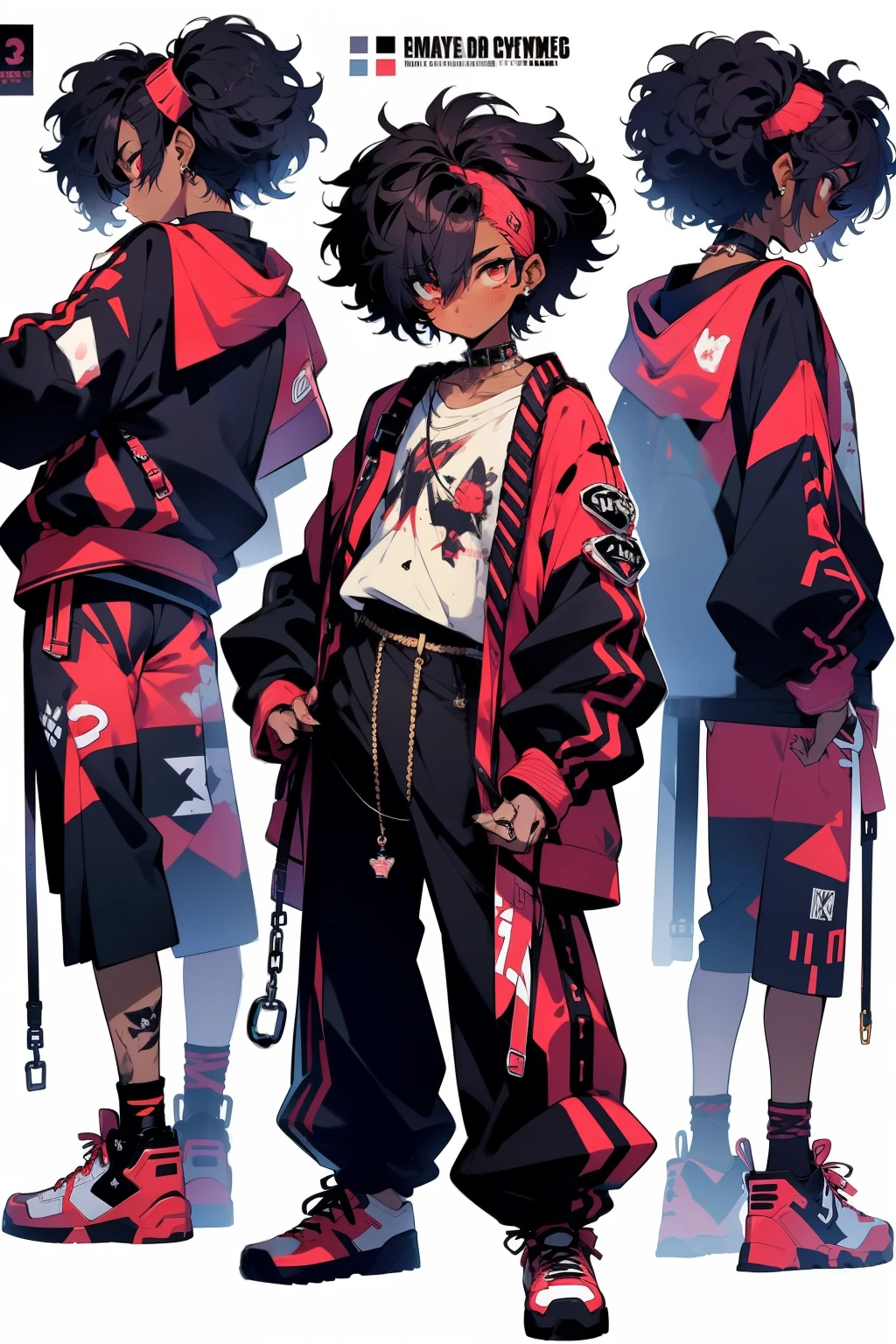 anime, illustrate, boy, anime styled, character design, 2d, y2k, grunge, cyber, red hair, emo, tan, dark skin, emo, chains, black, ponytails, boy, edgy