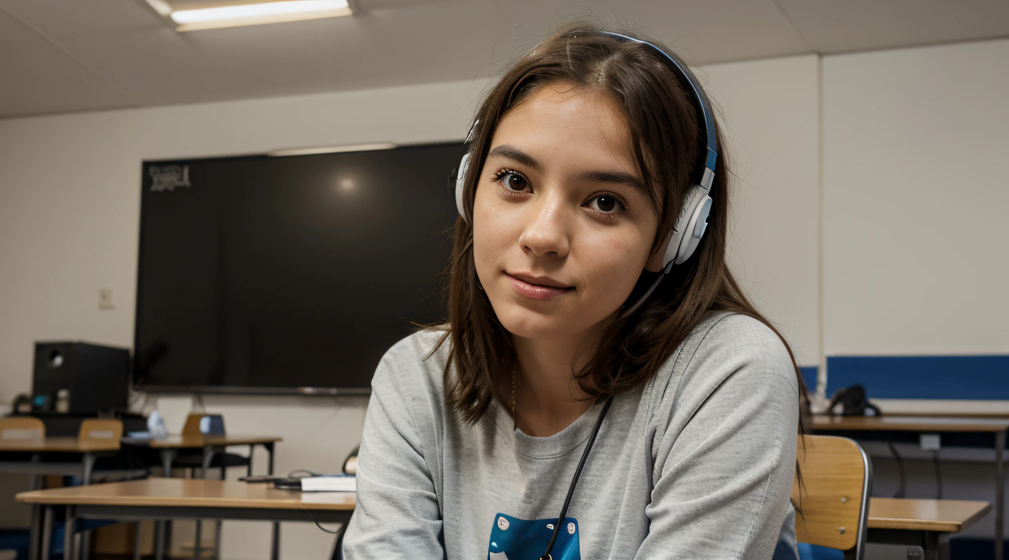 There is a girl sitting at a desk with headphones on - SeaArt AI