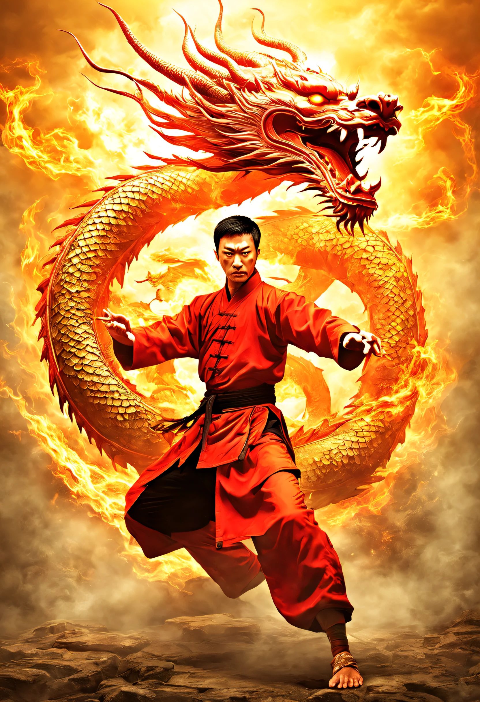 double contact, kung fu man, chinesedragon，simple backgound,