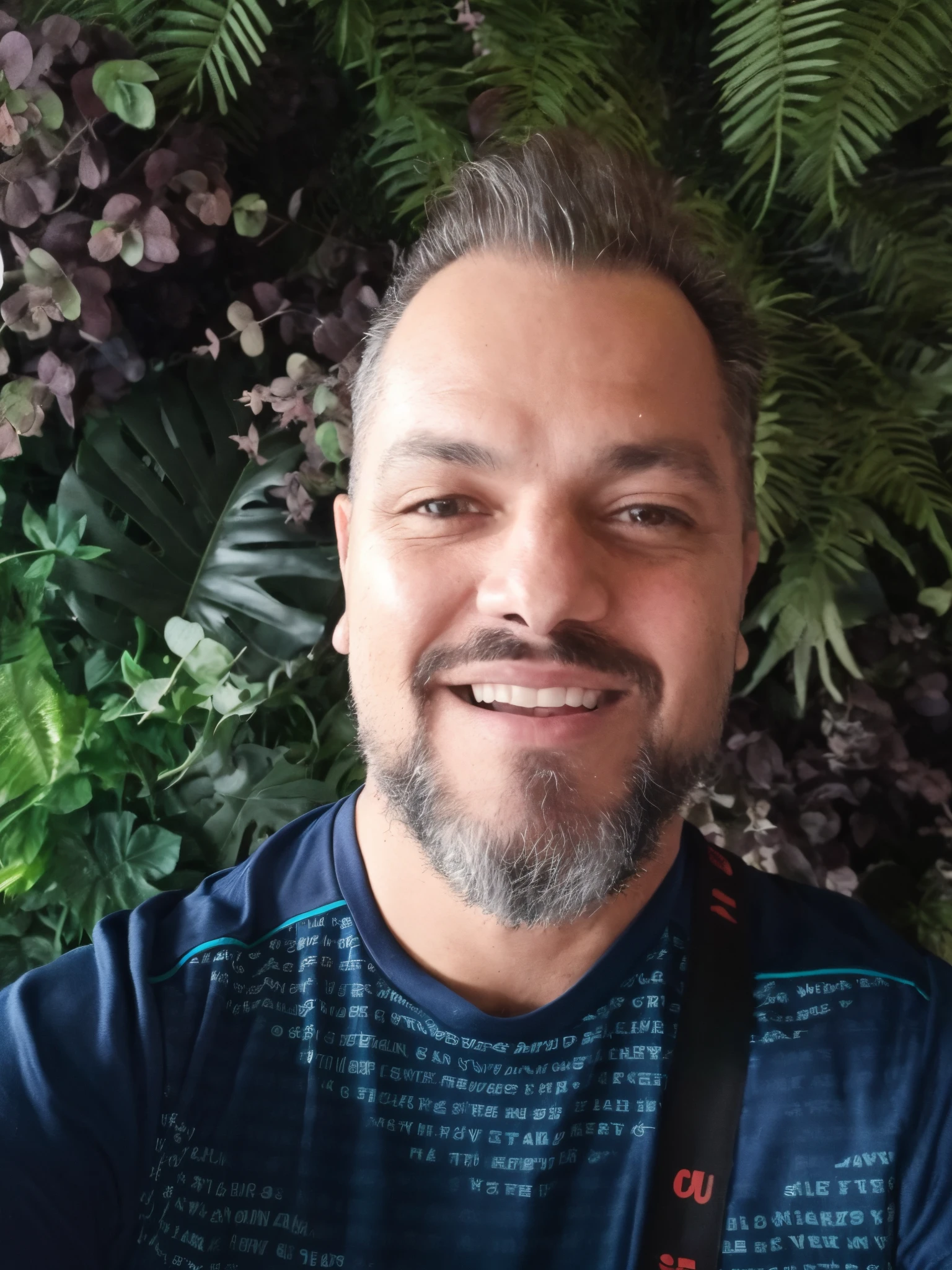 Arafed man with a beard and a camera in front of a wall of plants - SeaArt  AI