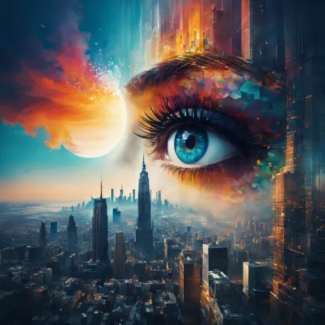 （best qualityer，4k，8k，Tall structures，tmasterpiece：1.2），Doubleexposure，beatiful detailed eyes，City silhouette，view over city，Vibrant colors，stunning art，mesmerizing mixed images，Stylish and sophisticated portrait，surreal atmosphere，Unique artistic composit...