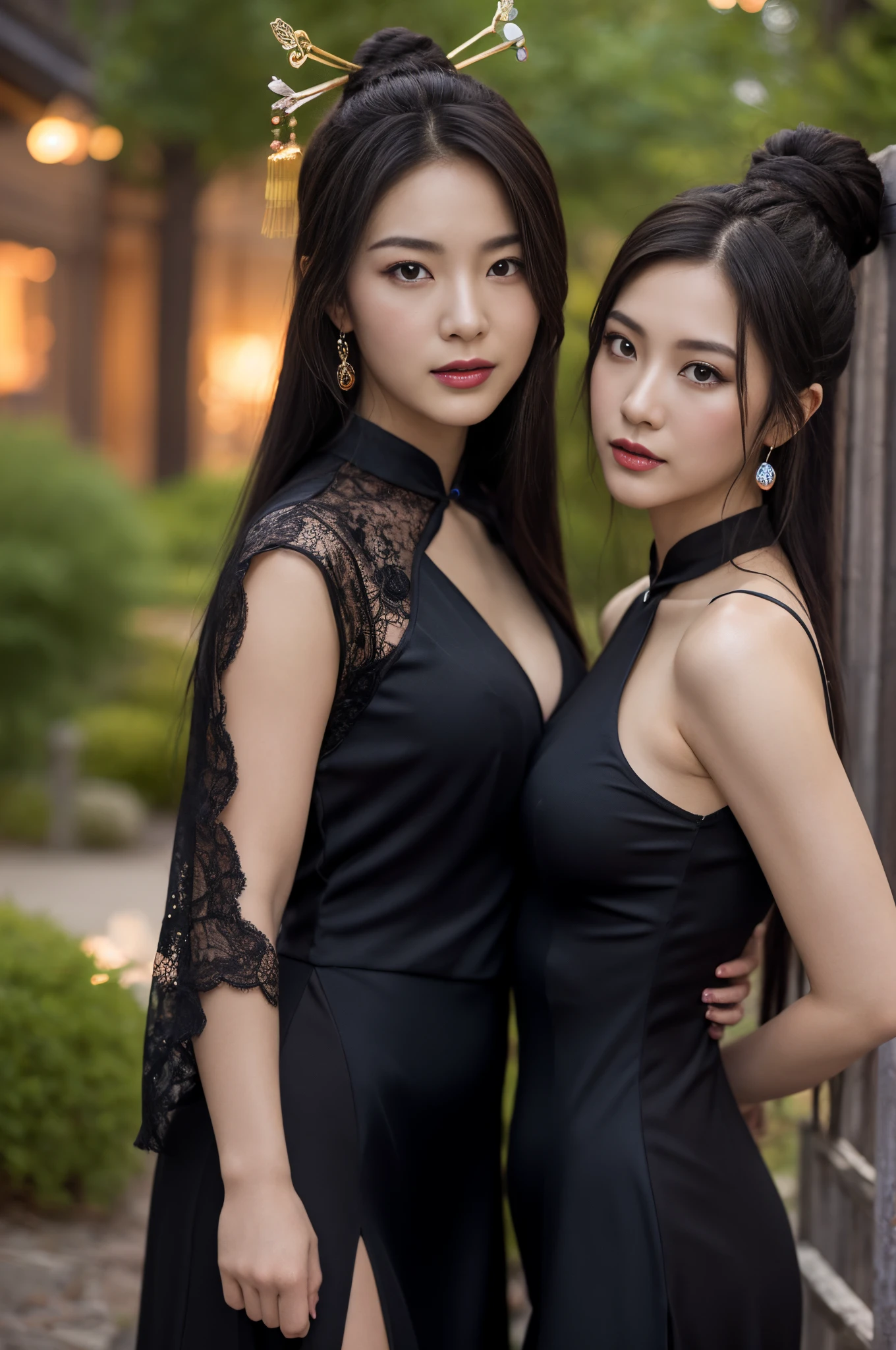 Two asian women in black dresses posing for a picture - SeaArt AI