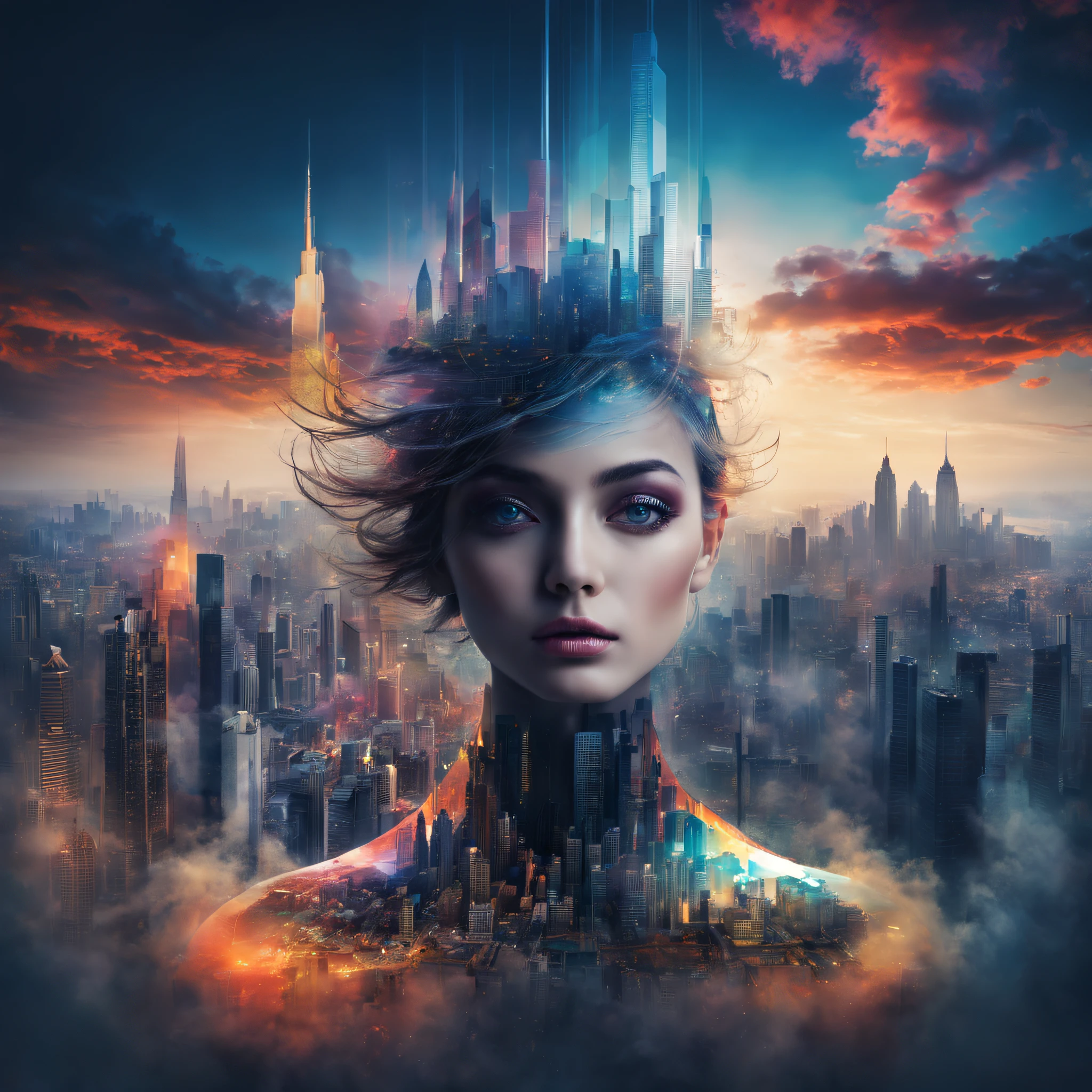 （best qualityer，4k，8k，Tall structures，tmasterpiece：1.2），Doubleexposure，beatiful detailed eyes，City silhouette，view over city，Vibrant colors，stunning art，mesmerizing mixed images，Stylish and sophisticated portrait，surreal atmosphere，Unique artistic composition，dreamy and ethereal，Contrasting elements，creative juxtaposition，captivating visuals，mystical aura，Modern artistic sense，Elegant and eye-catching，Vibrant cityscape，Poetic and thought-provoking，Skillfully blending reality and imagination