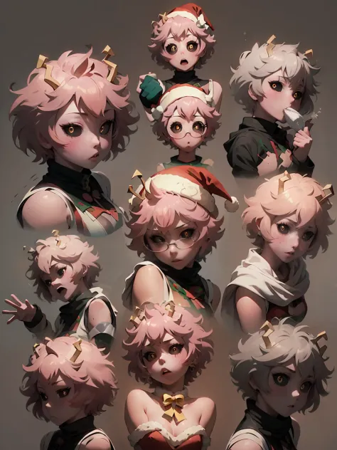 (master piece: 1.1), (mina ashido), chibi, multiples, 9 tables, ((multiple poses and expressions)), detailed face,  ((pink skin)...