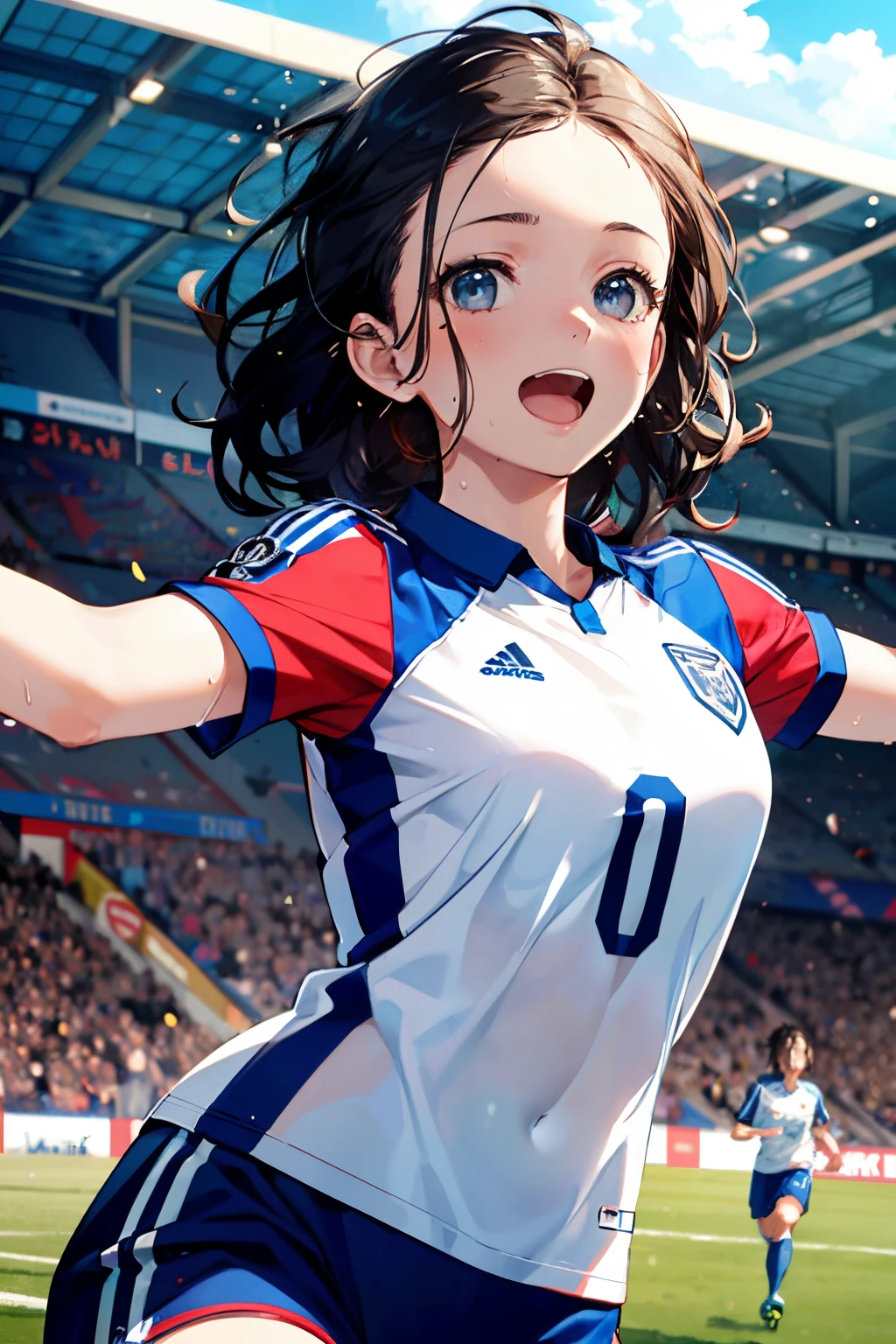 Anime girl in a soccer uniform with arms outstretched in the air - SeaArt AI