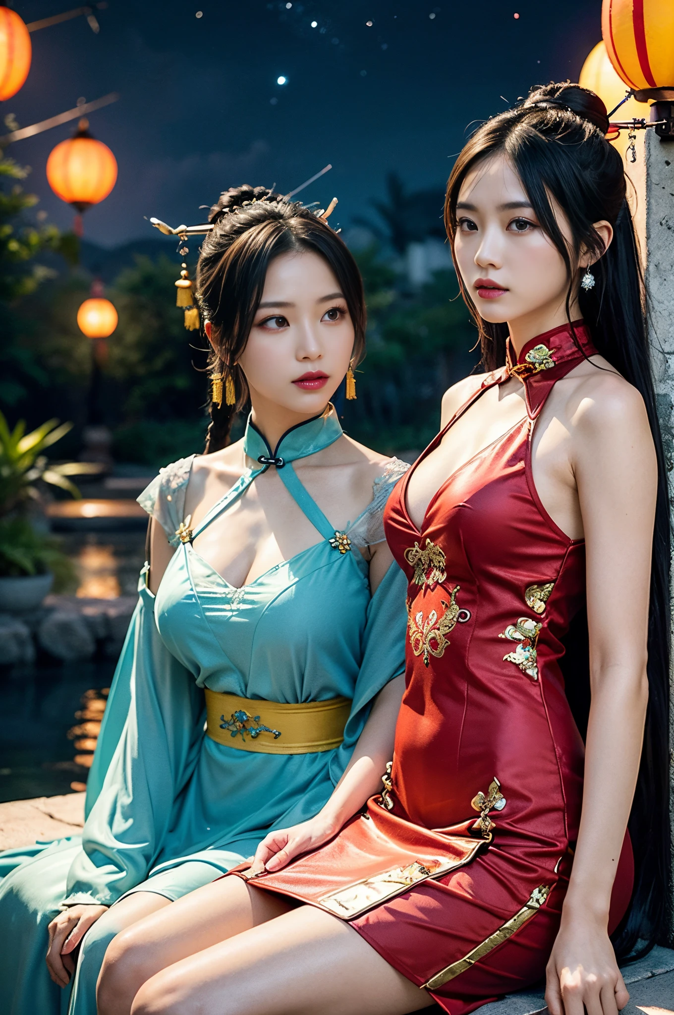 high-level image quality、Like a shot with an SLR、Sensual body,thighs、slit、Painting a work of art depicting two women in a tanslucent traditional cheongsam sitting together,duo,((sisterhood)),closeup portrait:1.4,detailed face,front view,rendering by octane, hdr,leering:1.3,Chinese hair ornament:1.4,Chinese hairpins:1.4,Chinese hairsticks:1.4,Clouds, Water, Fireflies, night, starry sky, jewelry,light particles, (fantasy: 1.2), stars, fantasy,