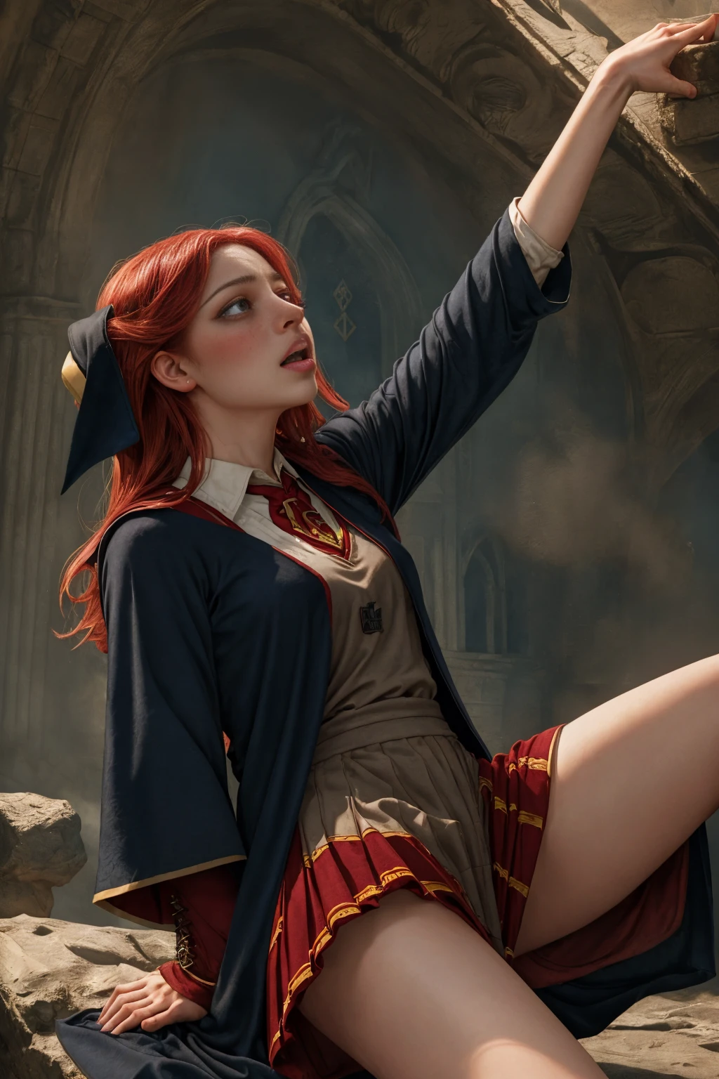 (far wide shot:1.5), 1girl, (solo:1.5), a beautiful picture of Ginny Weasley, wearing a uniform, masterpiece, photorealistic, detailed, 4k, HDR, backlighting, light, RAW color photo, soft skin, red hair, detailed face, blue eyes, striped scarf, short pleated skirt, black robe, medieval, (gryffindor:1.4), (ahegao:1.5), (ahg1:.5), (rolling eyes :1.5), hogsks, looking up, screaming, gasping, holding her breath, (fainting:1.5), spread legs, (breathless:1.5)