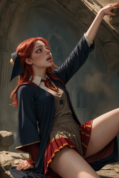 (far wide shot:1.5), 1girl, (solo:1.5), a beautiful picture of ginny weasley, wearing a uniform, masterpiece, photorealistic, de...