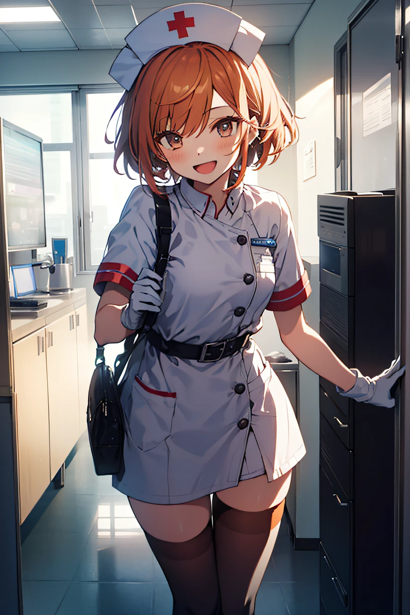 1girl, solo, nurse, nurse cap, white wear, ((white legwear, zettai ryouiki)), white gloves, very short hair, orange hair, smile, open mouth, standing, ((hospital room)), sharp outline, short sleeves, tomboy, boyish, best quality, masterpiece