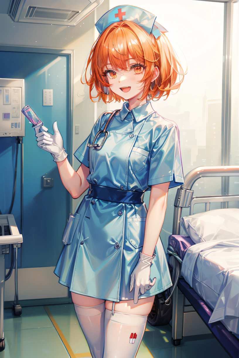 1girl, solo, nurse, nurse cap, white wear, ((white legwear, zettai ryouiki)), white gloves, very short hair, orange hair, smile, open mouth, standing, ((hospital room)), sharp outline, short sleeves, tomboy, boyish, best quality, masterpiece