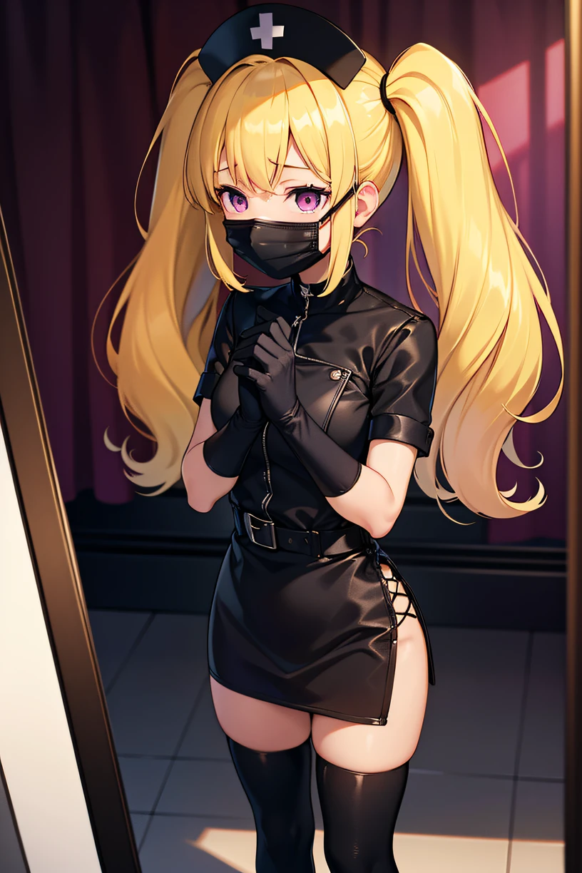 black nurse, 1girl, solo, black nurse cap, black wear, ((black legwear, zettai ryouiki)), black elbow gloves, twintails, yellow hair, purple eyes, ((black surgical mask, covered nose)), standing, ((surgery room)), sharp outline, short sleeves, best quality, masterpiece