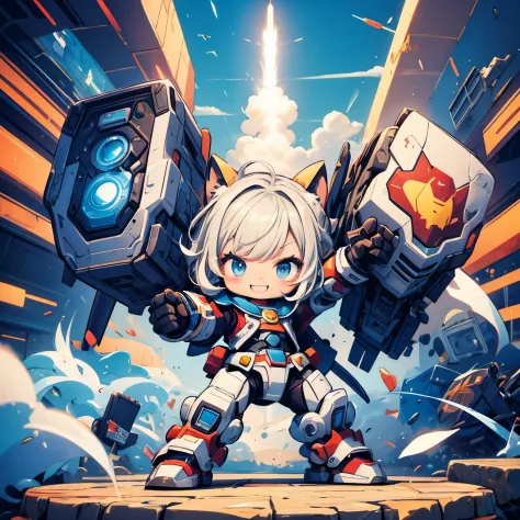 masterpiece、the highest image quality、chibi、cute、girl personified a super robot、rocket punch、fight enemies、the best smile、细致背景